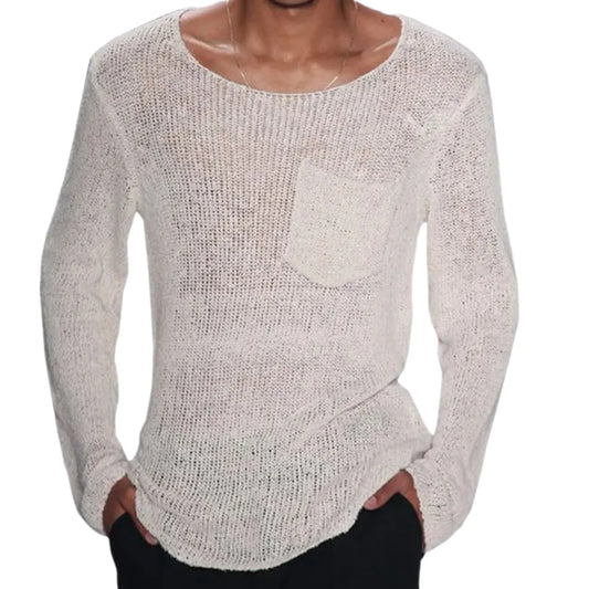 Men's Solid Color Long Knitwear Long Sleeves T-Shirt With Pocket