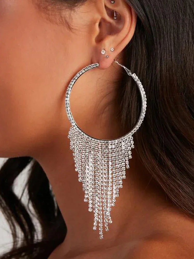 Women's Stylish Long Tassel Dangle Round Pendants Drop Earrings