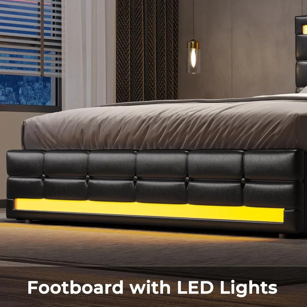 Adjustable Queen Bed Frame with LED Lights Leather Platform Black Outline with Storage Drawers and Charging Station