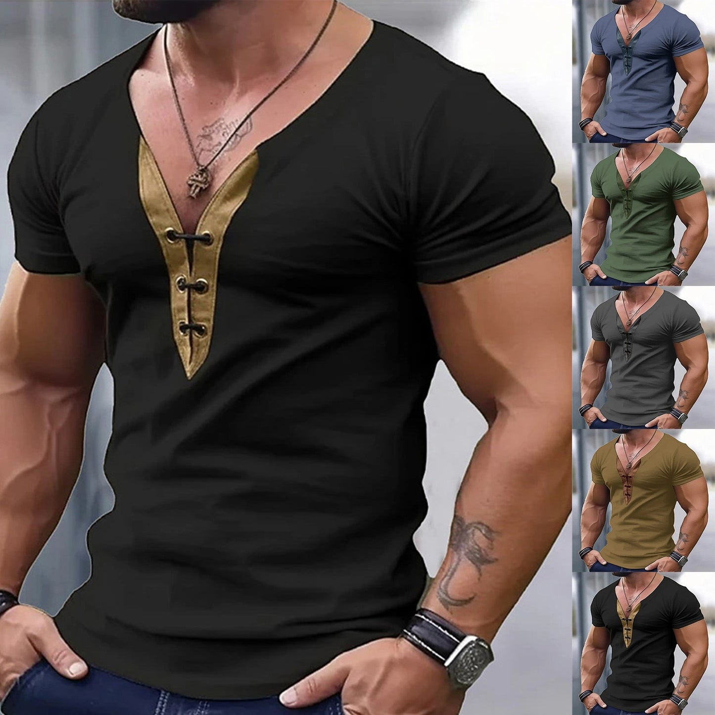 Men's Casual Soft V-Neck Short Sleeves Solid T- Shirt