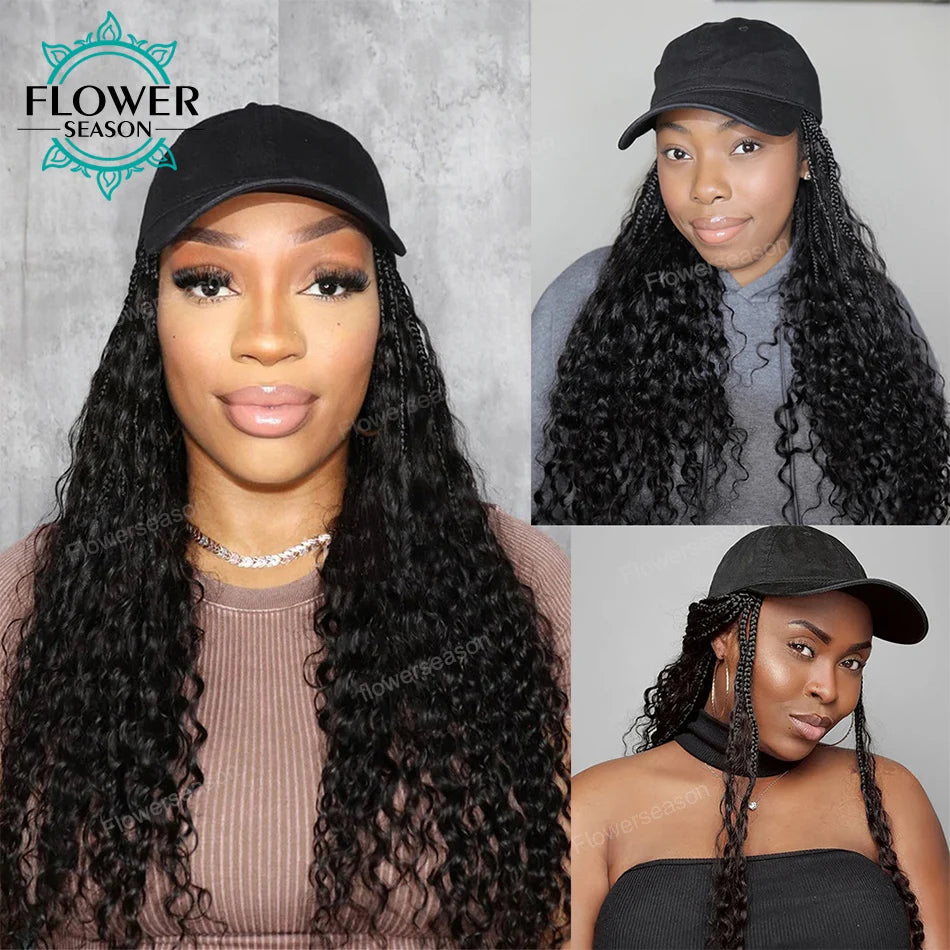 Women's Natural Black Boho Goddess Box Braids Baseball Cap Hat