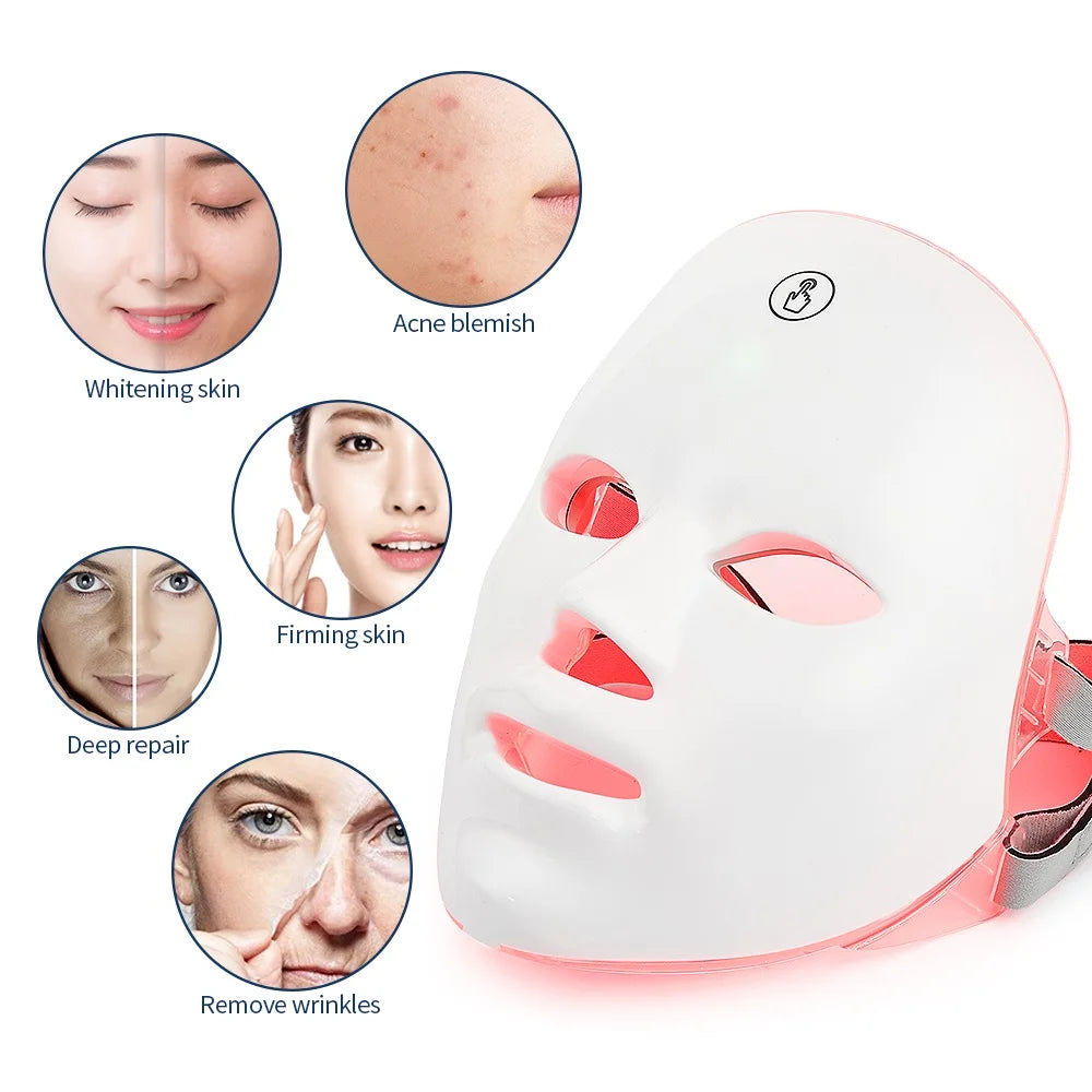 Rechargeable Facial LED Mask for Skin Rejuvenation and Whitening Beauty Device with 7 Colors Photon Therapy Ideal for Home Use