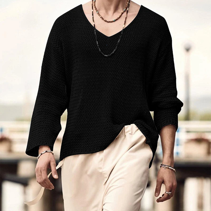 Men's Solid Color Knit V Neck Long Sleeve Hollow Out Loose Shirt