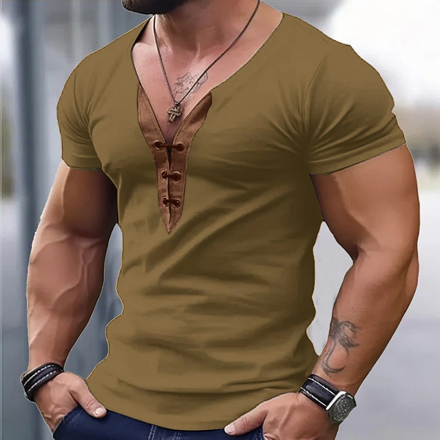 Men's Casual Soft V-Neck Short Sleeves Solid T- Shirt