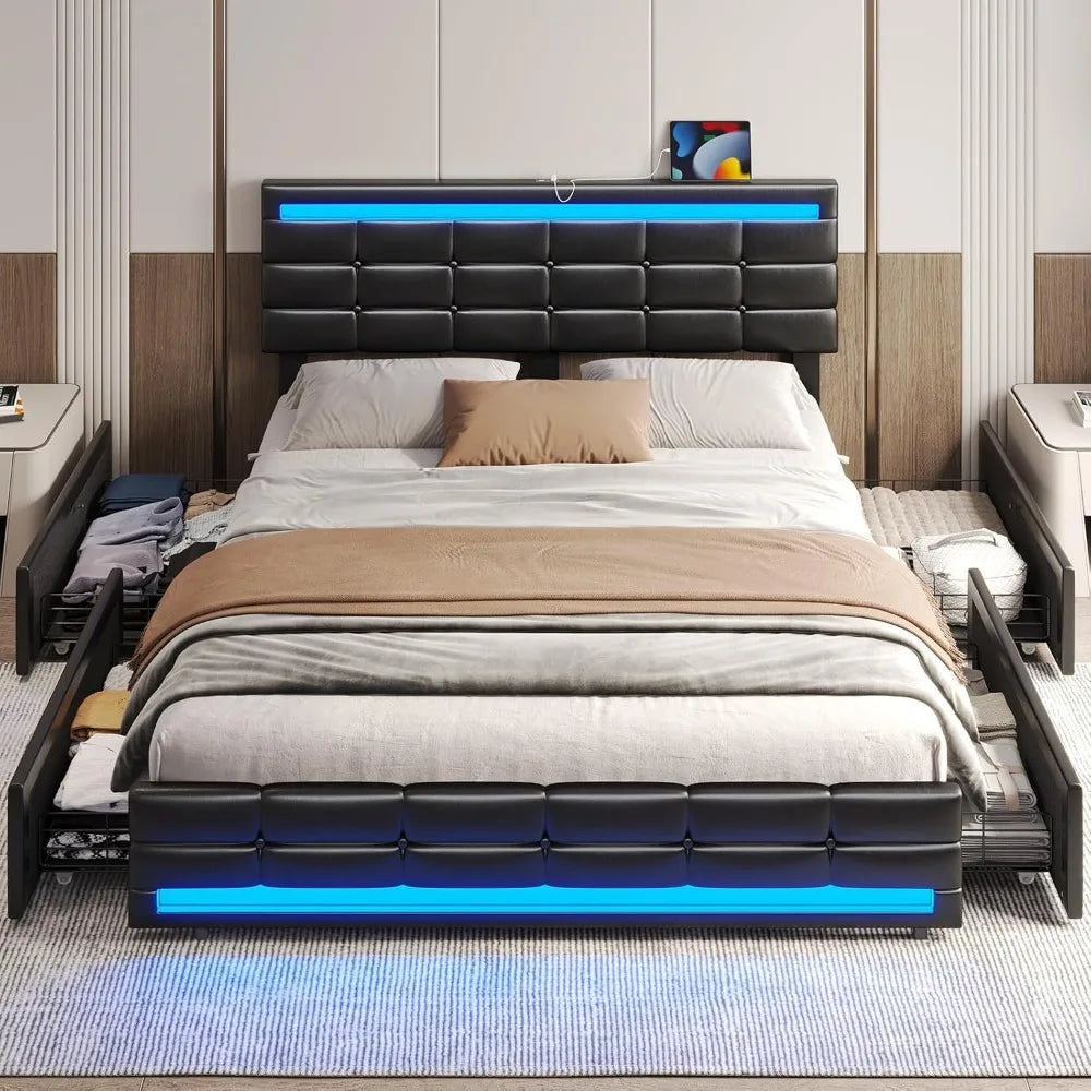 Adjustable Queen Bed Frame with LED Lights Leather Platform Black Outline with Storage Drawers and Charging Station