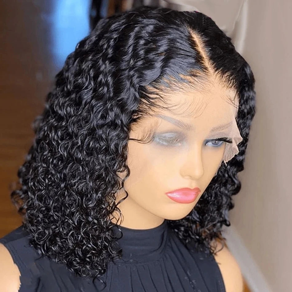 Deep Wave 13x4  Curly Bob Human Hair Transparent 180% Density Lace Frontal Wigs