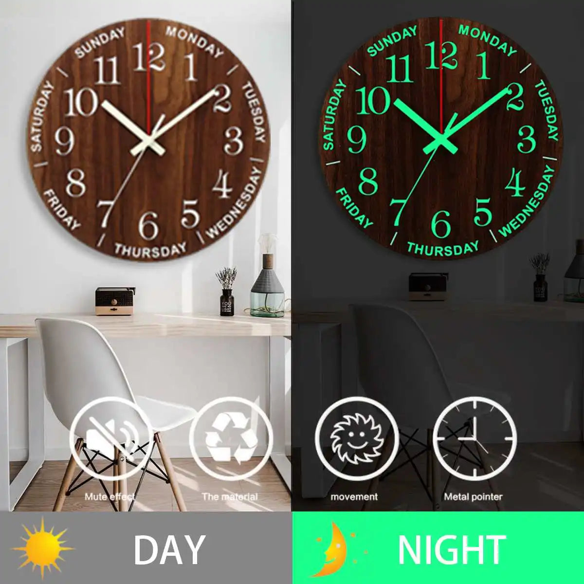 12 Inch Wooden Modern Luminous Wall Clock