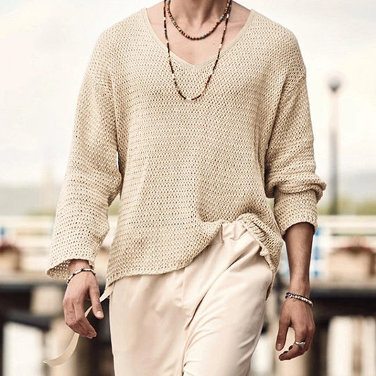 Men's Solid Color Knit V Neck Long Sleeve Hollow Out Loose Shirt