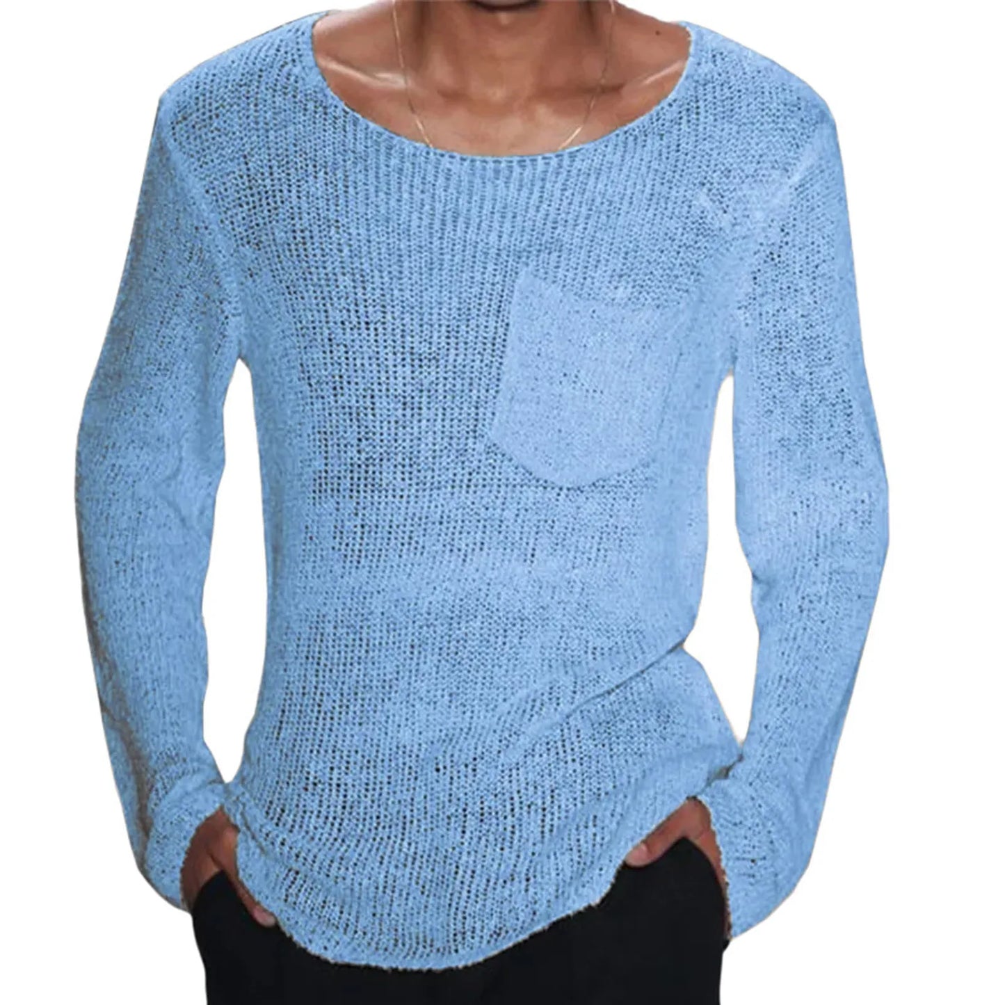 Men's Solid Color Long Knitwear Long Sleeves T-Shirt With Pocket