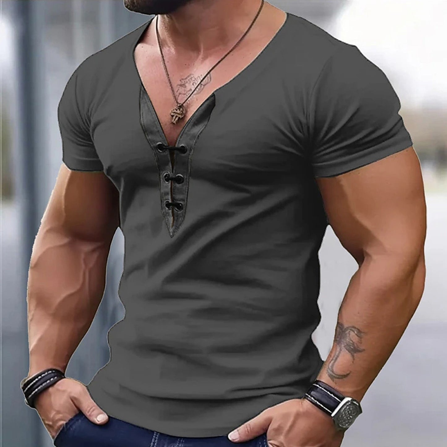 Men's Casual Soft V-Neck Short Sleeves Solid T- Shirt