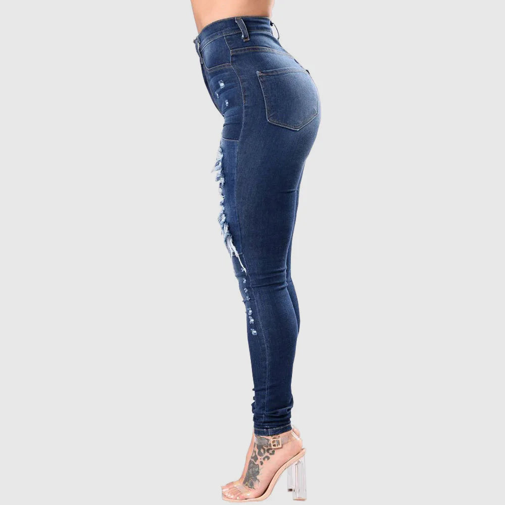 Women's High Waist Slim Elastic Fashion Ripped Casual Denim Jeans