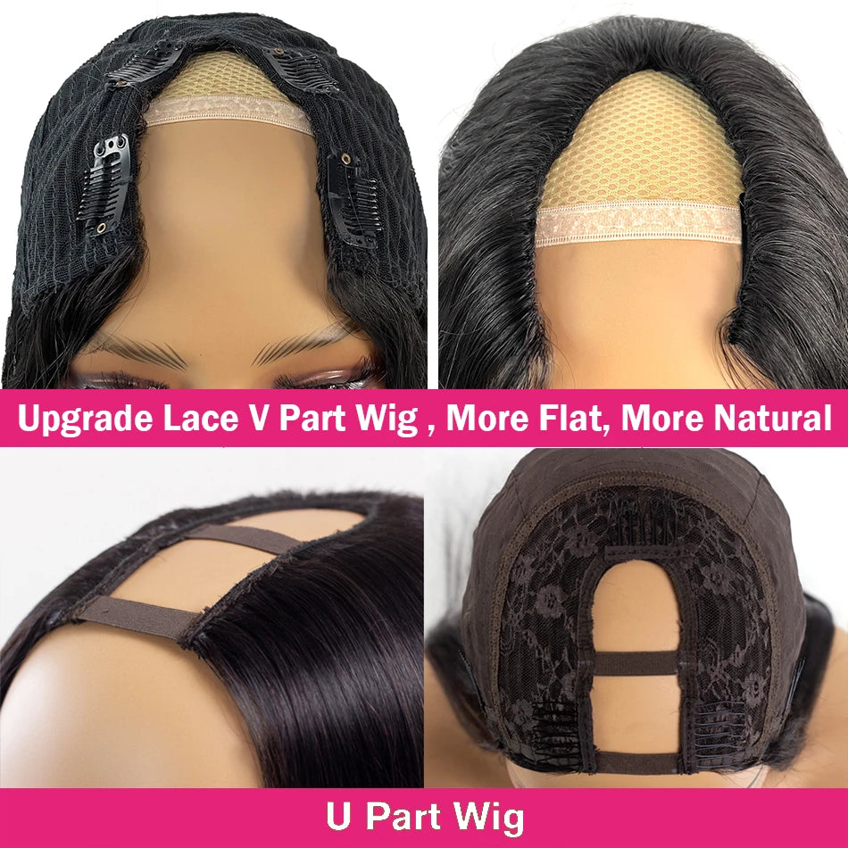 Women's V Part Deep Curly Human Hair No Leave Out Brazilian Deep Wave Human Hair Wigs