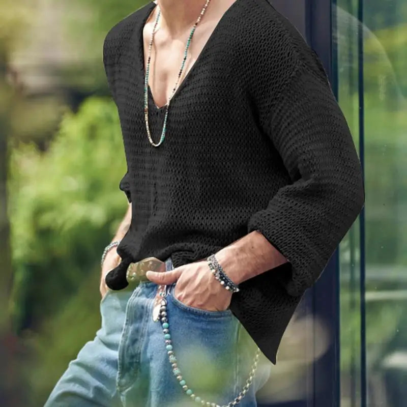 Men's Solid Color Knit V Neck Long Sleeve Hollow Out Loose Shirt