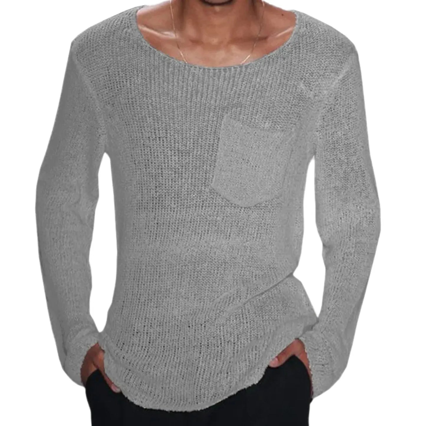 Men's Solid Color Long Knitwear Long Sleeves T-Shirt With Pocket