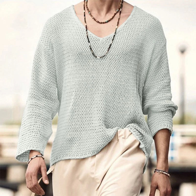 Men's Solid Color Knit V Neck Long Sleeve Hollow Out Loose Shirt