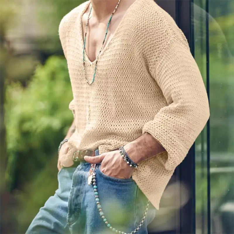 Men's Solid Color Knit V Neck Long Sleeve Hollow Out Loose Shirt