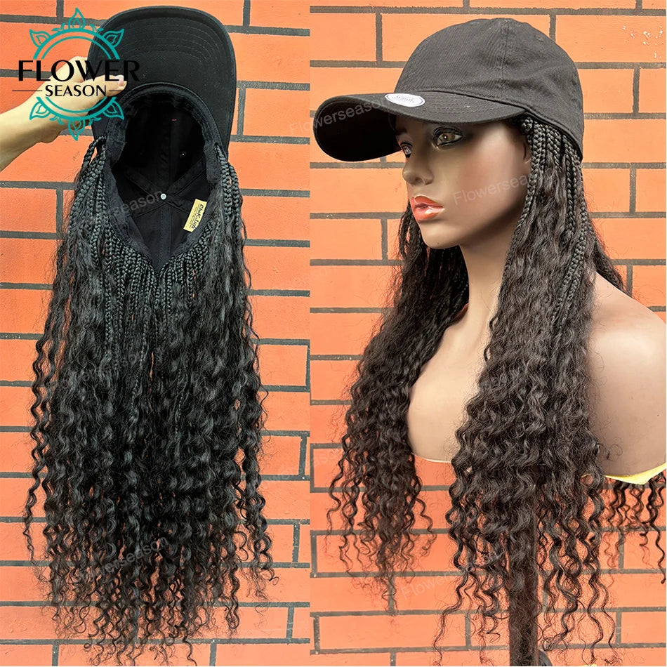 Women's Natural Black Boho Goddess Box Braids Baseball Cap Hat