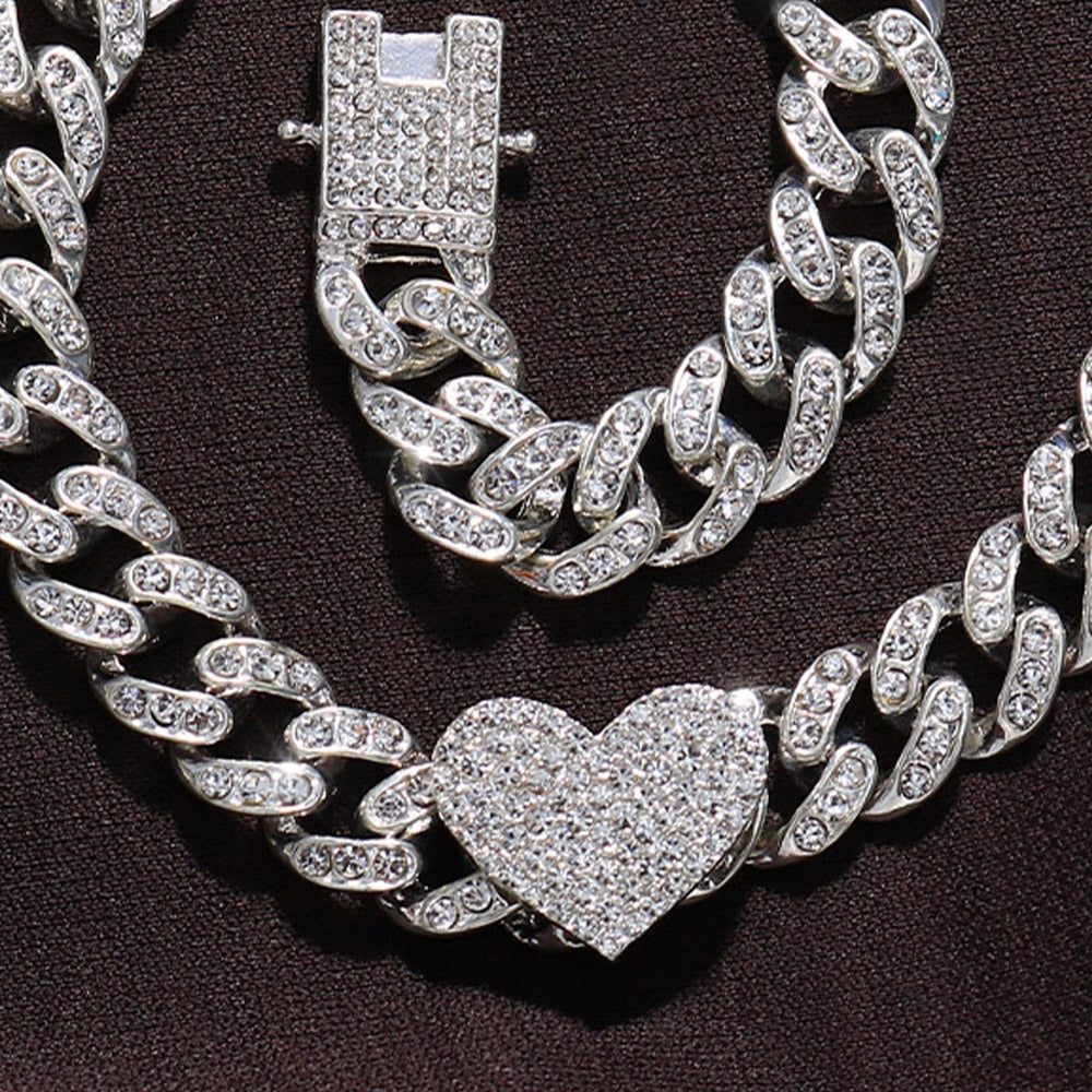 2Pc/Set Heart-shaped Cuban Link Braclet And Necklas For Women - wonderfullyblessedandbeautifullymade