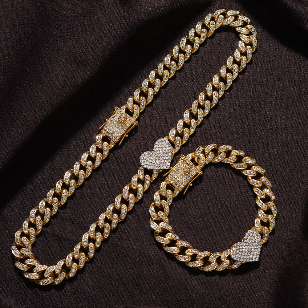 2Pc/Set Heart-shaped Cuban Link Braclet And Necklas For Women - wonderfullyblessedandbeautifullymade