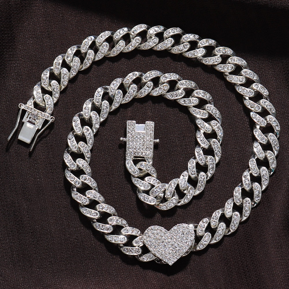 2Pc/Set Heart-shaped Cuban Link Braclet And Necklas For Women - wonderfullyblessedandbeautifullymade