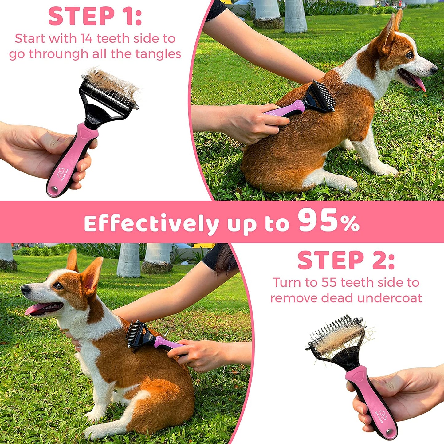 "Pet Grooming Brush & Glove - De-shedding Tool, 95% Shedding Reduction, Pink"