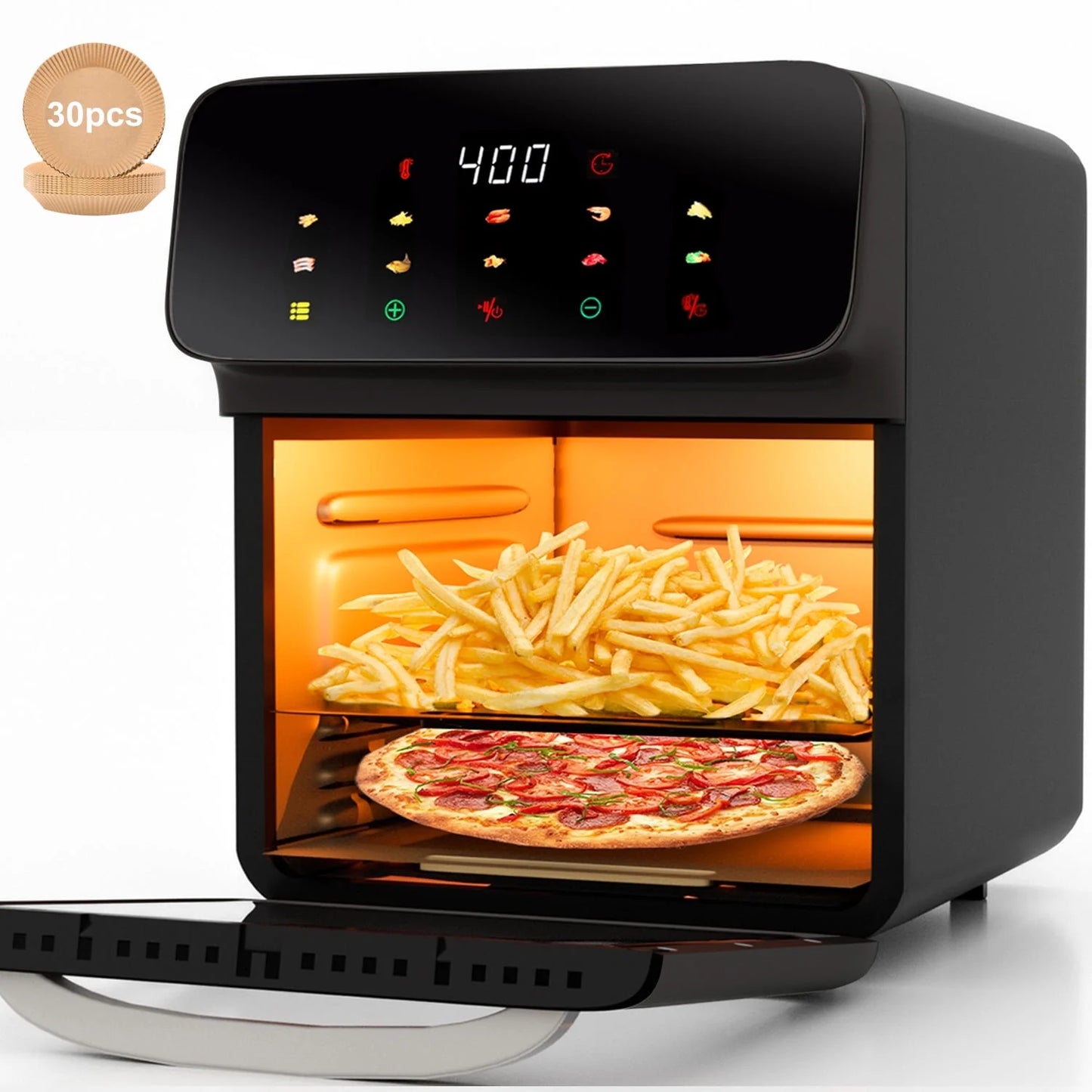 12QT Air Fryer Convection Oven - 10-in-1 Multi-Function, Touchscreen & Visible Window, Sleek Black Design