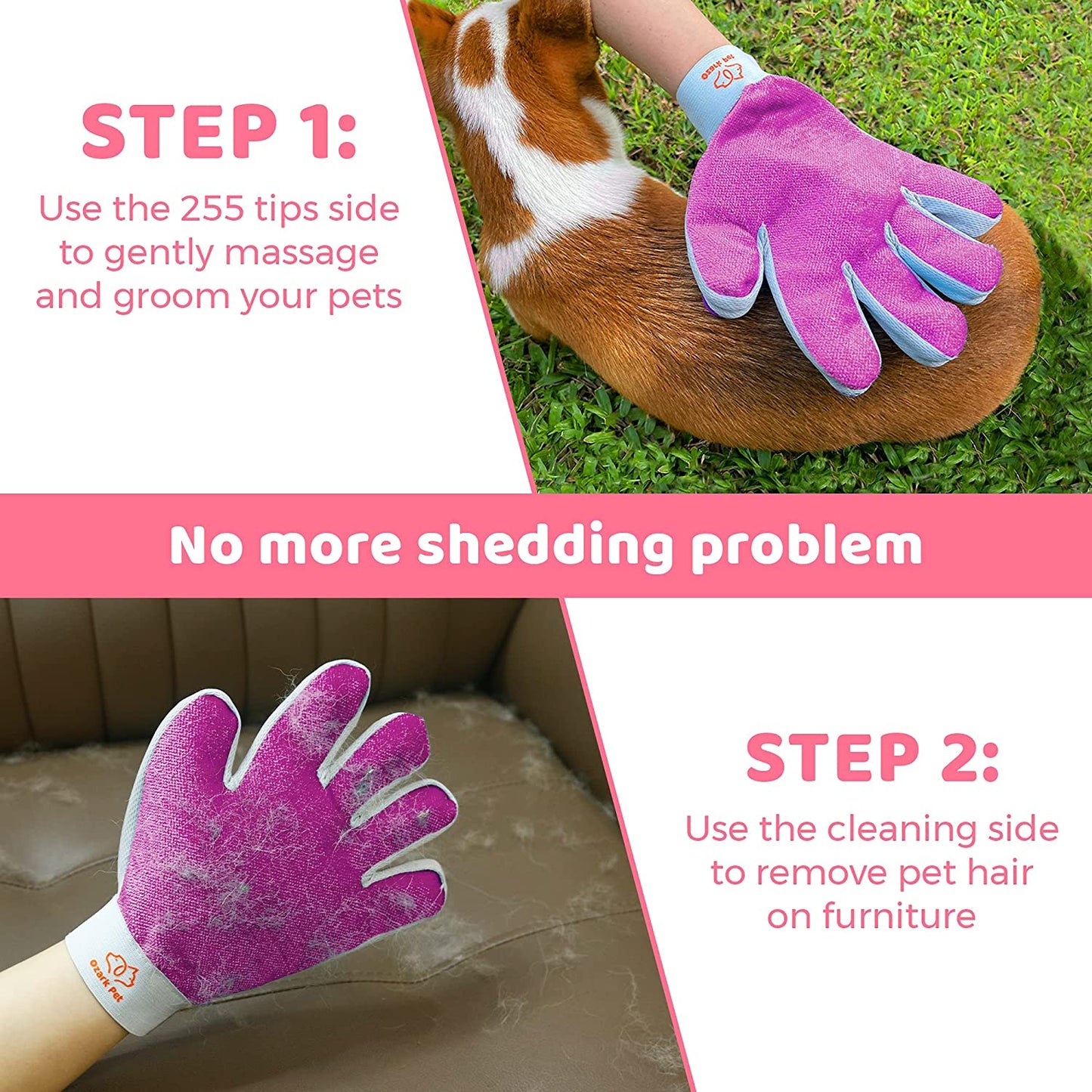 "Pet Grooming Brush & Glove - De-shedding Tool, 95% Shedding Reduction, Pink"