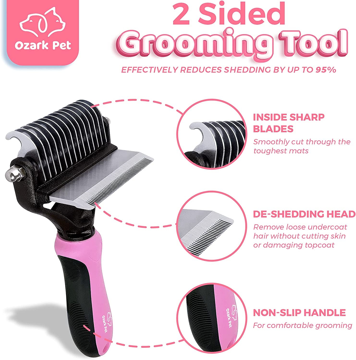 "Pet Grooming Brush & Glove - De-shedding Tool, 95% Shedding Reduction, Pink"