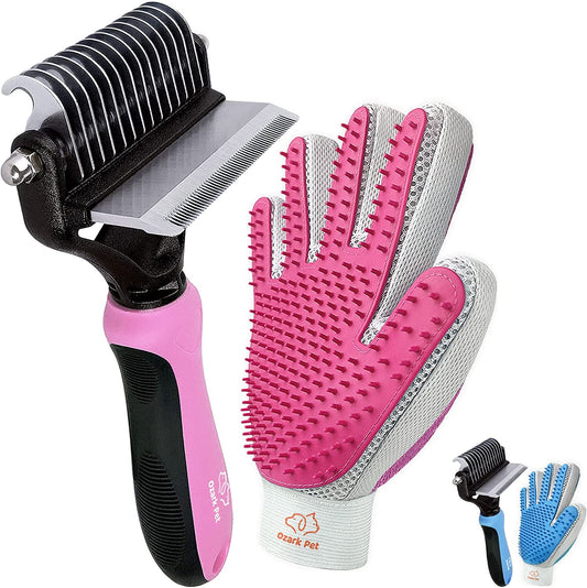 "Pet Grooming Brush & Glove - De-shedding Tool, 95% Shedding Reduction, Pink"