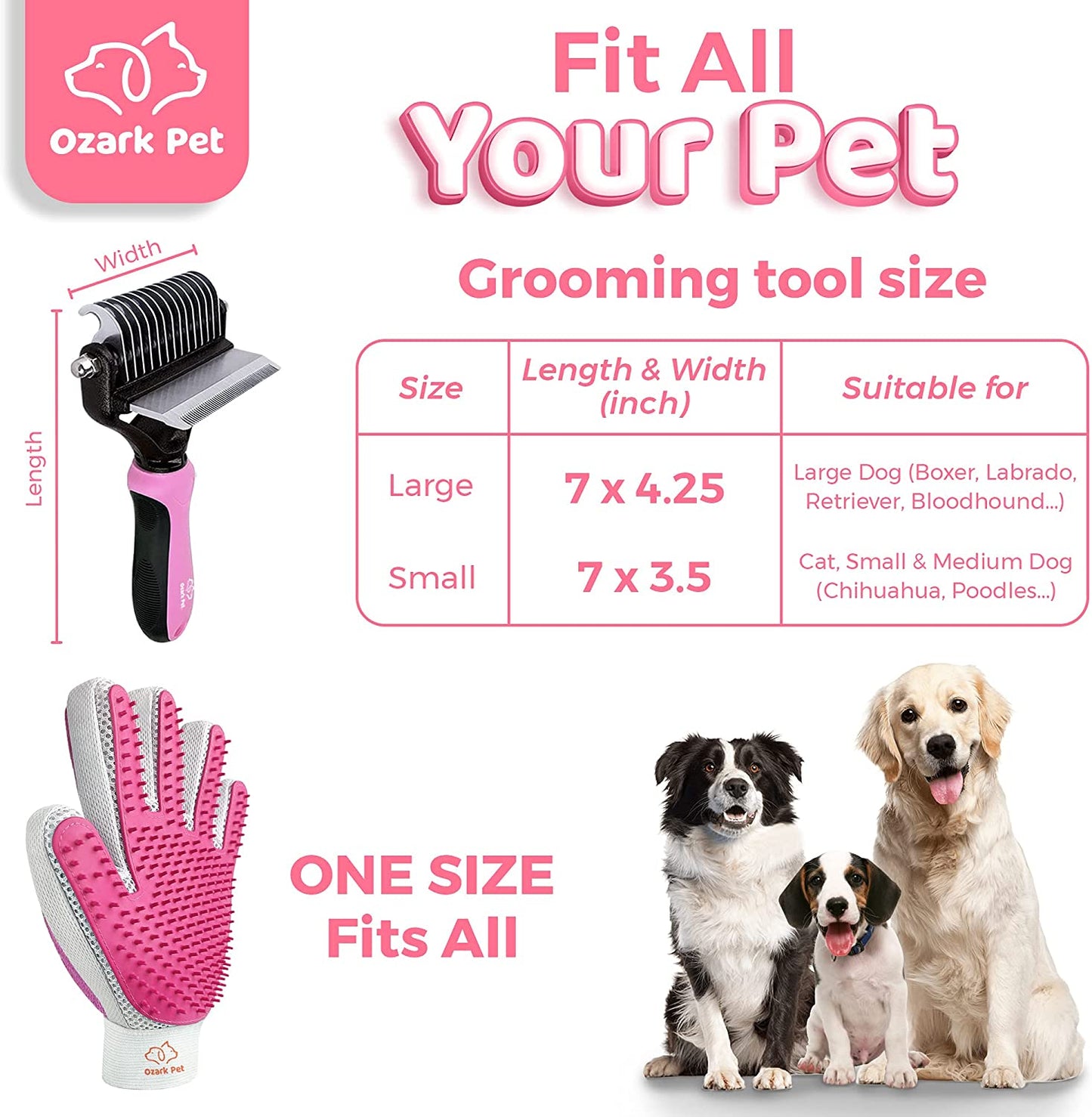 "Pet Grooming Brush & Glove - De-shedding Tool, 95% Shedding Reduction, Pink"