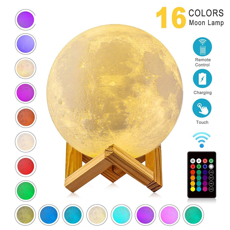 3D Moon 16 Rechargeable LED Color Night Light  Lamp With Remote - wonderfullyblessedandbeautifullymade