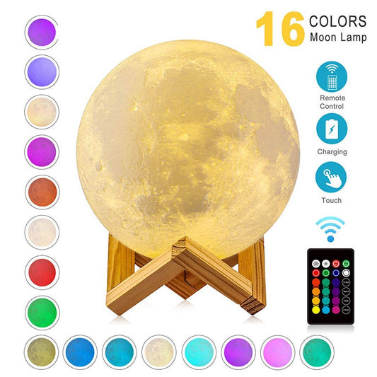 3D Moon 16 Rechargeable LED Color Night Light  Lamp With Remote - wonderfullyblessedandbeautifullymade