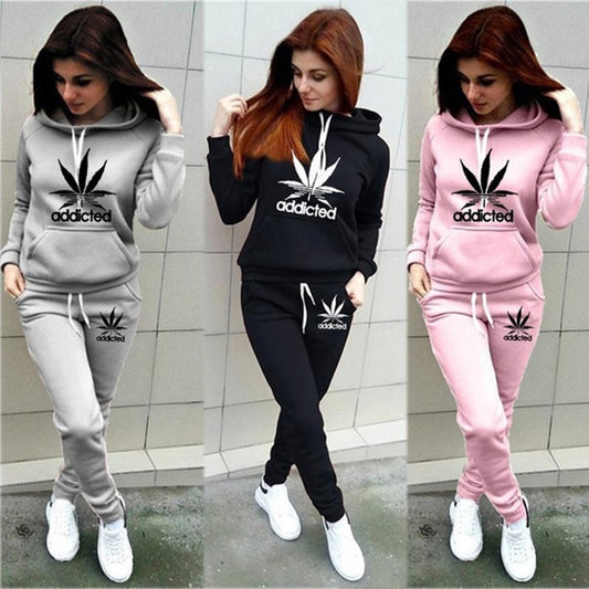 Women's Two Piece Printed Jogging Sportwear With Hoodie