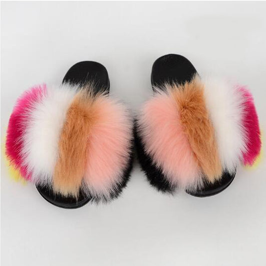 Women's Multi/Solid Colour Casual Fox Fur Slides - wonderfullyblessedandbeautifullymade