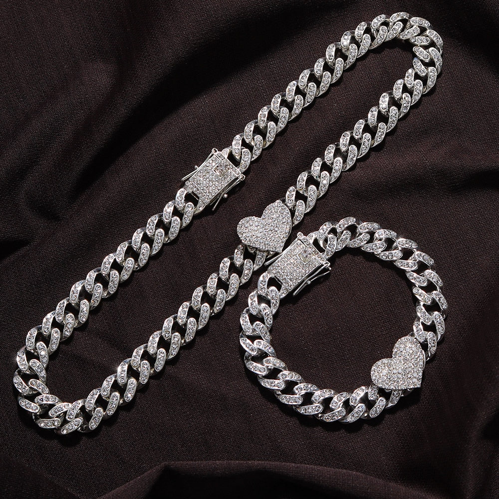 2Pc/Set Heart-shaped Cuban Link Braclet And Necklas For Women - wonderfullyblessedandbeautifullymade